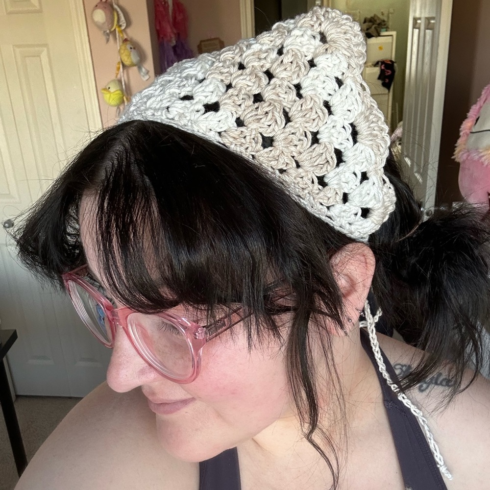 Handmade crochet neutral bandana/ headscarf